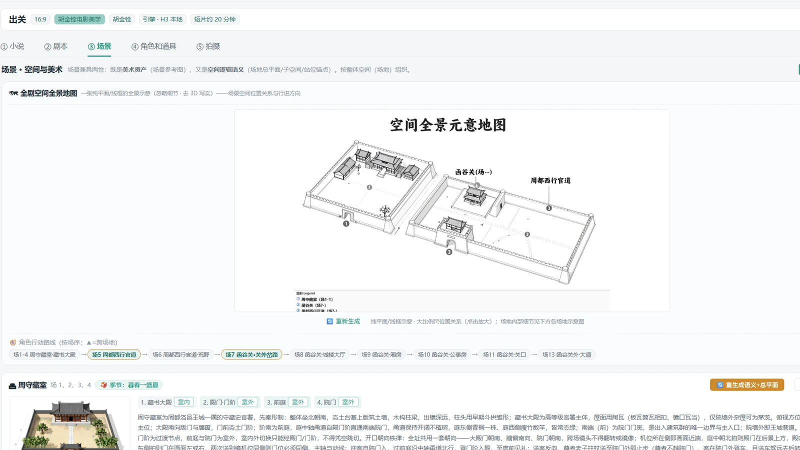 九尾狐短片工作台的「场景」页：全剧空间全景地意图，标注各场位置与角色行动路线